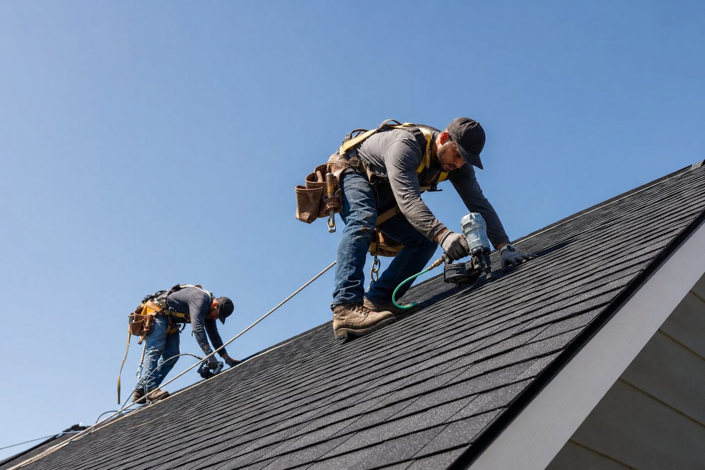 Two roofers installing architectural shingles on a residential roof